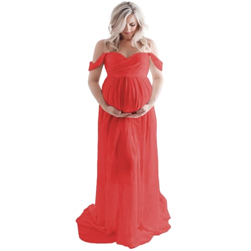 Maternity Lace Dress for Photoshoot Off Shoulder Gown Pregnancy Dresses for Photography - color: Red, size: X-Large