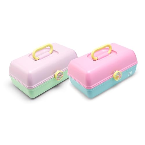 Caboodles On-The-Go Girl Makeup Storage Box 2-Pack, Two-Tone Pink/Light Blue and Lavender/Light Green, Hard Plastic Makeup Organizer Box, Built-In Mirror, Secure Latch for Safe Travel - color: Pink and Lavender - 2 Pack