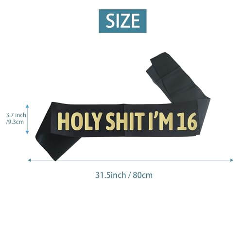 Happy 16th Black Gold Glitter Sash - Level 16 Sweet 16 Sash - Funny 16th Birthday Party Supplies Decoration Favors for Teens