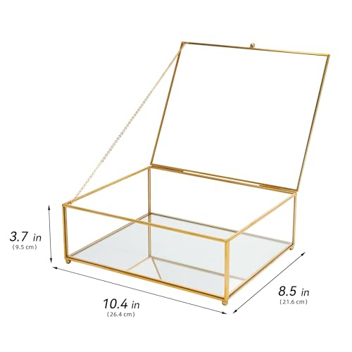 REDHUGO Large Glass Boxes for Display Handmade, Mirrored Bottom, Glass Jewelry Trinket Box with Lid, for Book Photo Keepsake Organizer Display Case for Vanity Decor Home, 10.4"L x 8.5"W x 3.7"H, Gold - color: Gold, size: High: 10.4"L × 8.5"W × 3.7"H