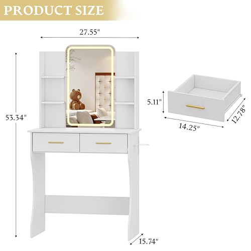 Vanity Desk with LED Lights Mirror & Power Outlet, Small Makeup Vanity Table Set with Storage Drawers, 3 Lighting Modes & Adjustable Brightness, Dressing Table for Women Girls Bedroom, White(NO Stool) - color: White, size: S-2 Drawers