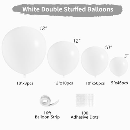White Double Stuffed Balloons Different Size 115Pcs 5/10/12/18" White Balloon Arch Garland kit for Birthday Baby Shower Bridal Shower Gender Reveal Wedding Theme Party - color: Pure White