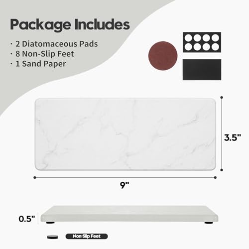 2PCS Water Absorbing Stone Drying Tray for Kitchen Counter & Bathroom Sink, Diatomite Faucet Splash Guard, Soap Dispenser Rack & Sponge Holder Caddy Organizer, Marble White (Printed Pattern), 9"x 3.5" - color: 2 Pack - Marble White, size: 9" X 3.5"