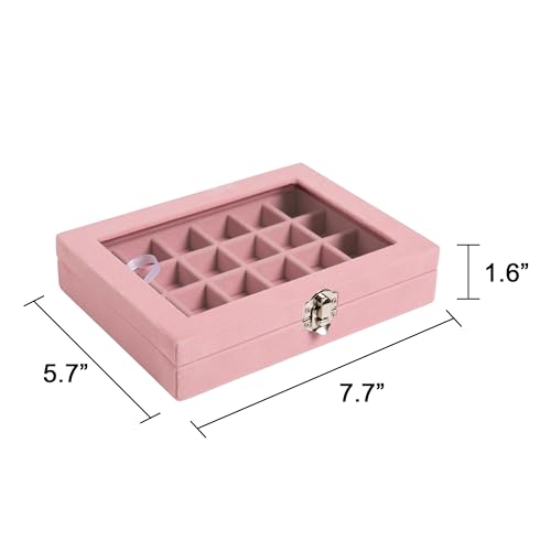 Frebeauty 24 Grid Jewelry Tray,Velvet Stud Earring Organizer,Small Jewelry Organizer with Clear Lid,Lockable Earring Holder Organizer Jewelry Boxes & Organizer Ring Holder for Women & Girls(Pink) - color: Pink