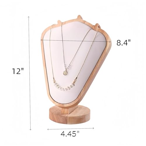 Natural Body Wood Necklace Display Stand with White Leather Soft Mat Necklace Holder Organizer Desktop Stand for Home Store Dresser-4.45"x8.4"x12" - color: Natural-White, size: 4.45"x8.4"x12"