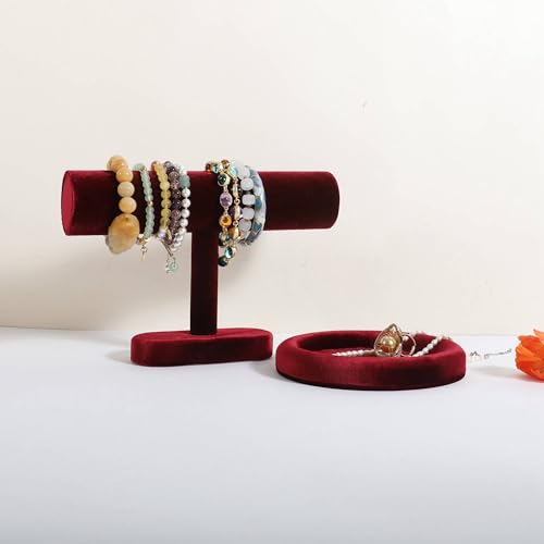 Bracelet T Bar Display for Selling, Wahtch Stand Jewelry Display, Velvet Bangle Holder Organizer【Red】 - color: Red