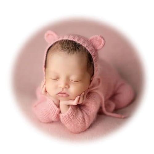 2Pcs Newborn Photography Props Boy Photo Posing Outfits Baby Photoshoots Girl Crochet Bear Hat Romper - color: Pink
