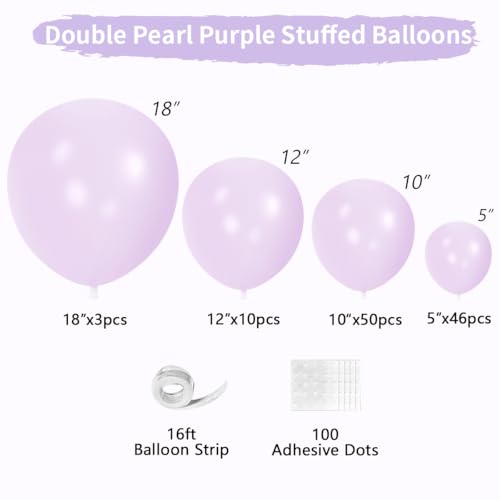 Double Pearl Purple Stuffed Balloons Different Size 115Pcs 5/10/12/18" Light Purple Balloon Arch Kit for Princess Birthday Baby Shower Bridal Shower Engagement Ocean Sea Frozen Theme Party - color: Pearl Purple
