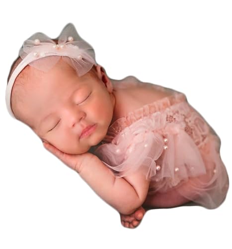 Zeroest Newborn Photography Outfits Girl Lace Romper Newborn Photography Props Rompers Baby Girls Skirt Photoshoot 3 PCS - color: Pink-short Sleeve