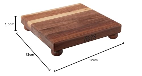 John Boos B Series Square Wooden Walnut Cutting Board 12”x12” – 1.5” Thick, 5-lb Non-Reversible Butcher Block with Wood Bun Feet & Edge-Grain - color: Walnut with Wood Feet, size: 12"L x 12"W