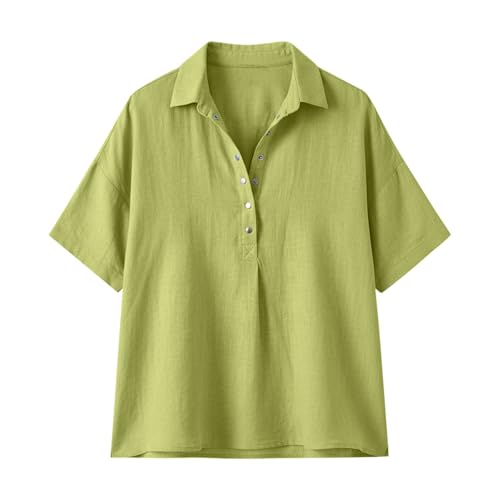 Cotton Linen Shirts for Women 2026 Summer Gauze Shirts Button Down V Neck Half Sleeve Blouses Dressy Casual Clothes - color: Green, size: 3X-Large