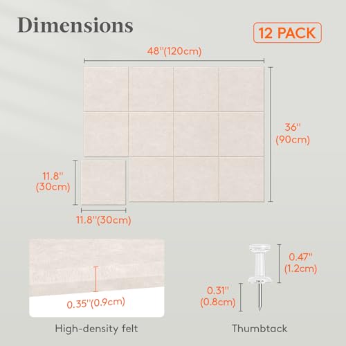 Lifewit 48"x 36" Felt Bulletin Board with Self-Adhesive, 12 Pack Cork Board Alternative for Walls, Large Pin Board Vision Board Message Board with 50 Pushpins for Office Decor, Room Decor, Oatmeal - color: Oatmeal, size: Square Stripe 12-pack