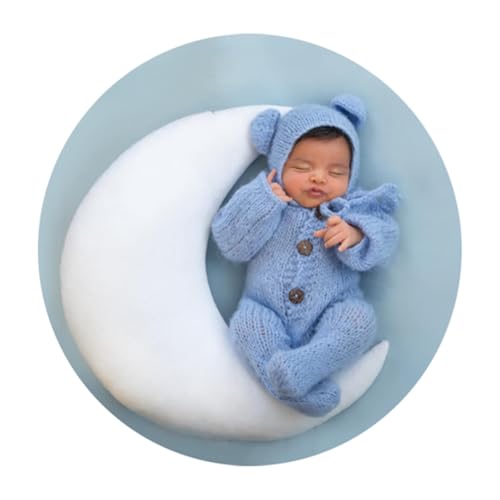 2Pcs Newborn Photography Props Boy Photo Posing Outfits Baby Photoshoots Girl Crochet Bear Hat Romper - color: Blue
