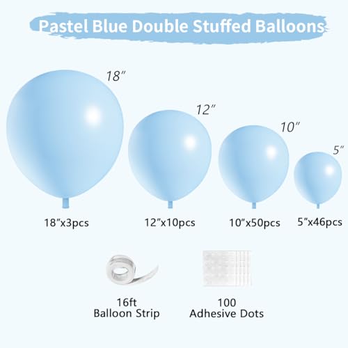 Double Stuffed Pastel Blue Balloons Different Size 115Pcs 5/10/12/18 Inch Macaron Light Blue Balloon Garland Arch kit for Birthday Gender Reveal Baby Shower Party - color: Pastel Blue