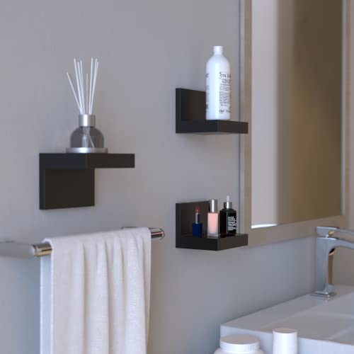 7-Pack Small Floating Shelves for Wall by RicherHouse, Plastic Black Shelf 4 Inch Display Ledges Room Decor, Mini with 2 Types of Installation (Adhesive or Screw) - color: Black - 7 Pcs