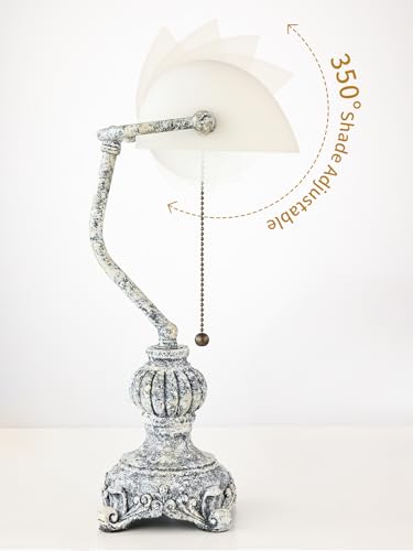Retro White Matted Glass Bankers Desk Lamp for Home Office,Library with Pull Chain Switch Plug in Fixture, LED Bulb Included - color: Antique+White