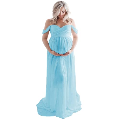 Maternity Lace Dress for Photoshoot Off Shoulder Gown Pregnancy Dresses for Photography - color: Lightblue, size: X-Large