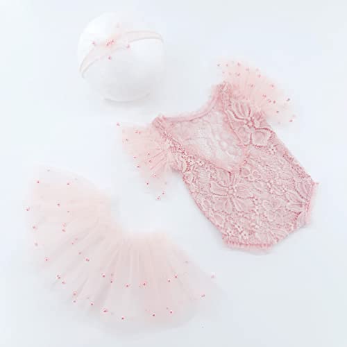 Newborn Photography Props Outfits Princess Baby Girl Pearl Lace Rompers Headdress Infant Baby Girl Photoshoot Costume - color: Pink