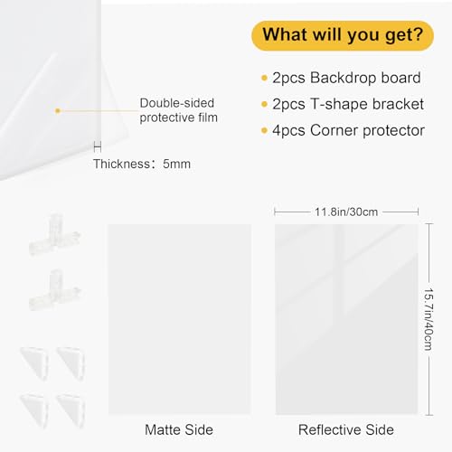 Meking Product Photography Backdrops Dual- Sided Matte and Reflective White Photo Background for Food, Makeup, Jewelry and Other Small Product, 2Pcs 15.7x11.8in Photo Backdrop Boards with 2Pcs Bracket