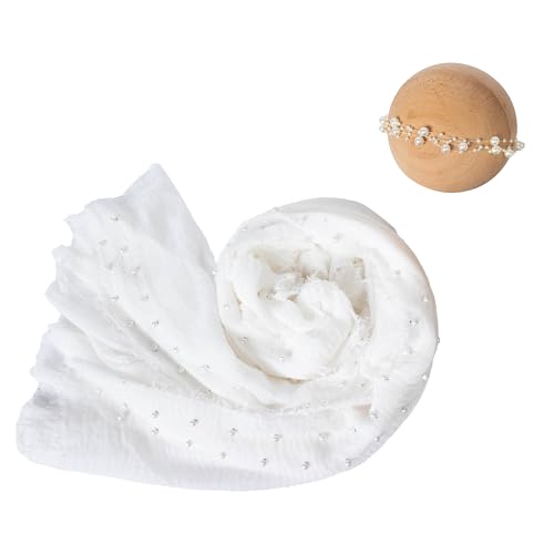 Baby Photo Shoot Props for Newborn Infant|Newborn Photography Wrap Pearl Raw Edge Swaddling Blanket & Headband Set (White) - color: White