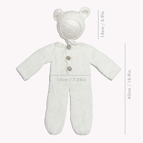 2Pcs Newborn Photography Props Boy Photo Posing Outfits Baby Photoshoots Girl Crochet Bear Hat Romper - color: White