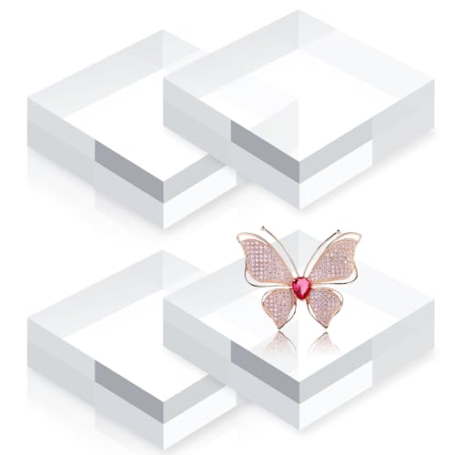 Acrylic Base Stand, 4 Pieces Acrylic Blocks for Display Square Cube Riser Display Pedestal Stands Large Clear Polished Cubes for Jewelry Ring Showcase Holder Base Collection (10.2*10.2*2.5CM) - size: 10.2*10.2*2.5CM