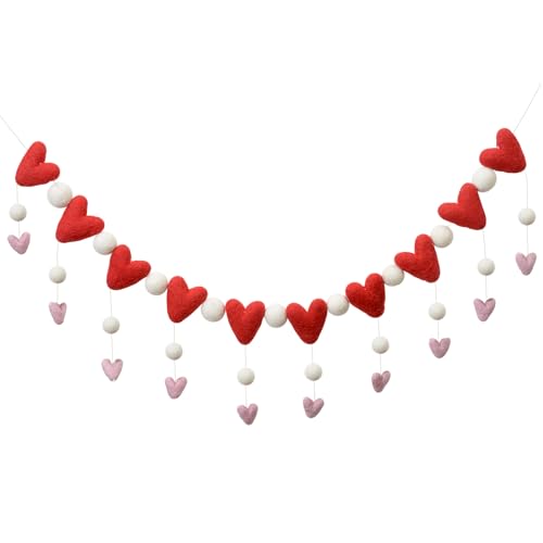Glaciart One Felt Heart Garland – 6 Feet, 20 Hearts, Pom Pom Decorations, Nursery Decor, Bunting, Birthday Party Decorations, Carnival, Photo Prop