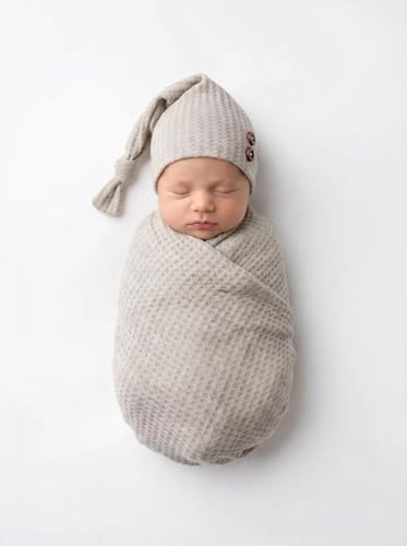 Newborn Photography Props Swaddle Wraps with Hats for Baby Boys Girls Photo Props Shoot Newborn Waffle Texture Knit Blanket (Grey) - color: Grey
