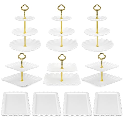 Pack of 11 NWK Cake Stand Set, with 3 x Two-Tier and 3 x Three-Tier Cupcake Stands, 4 x Appetizer Trays, 1 x Tablecloth for Birthday Bridal Baby Shower Party (Gold) - color: Gold