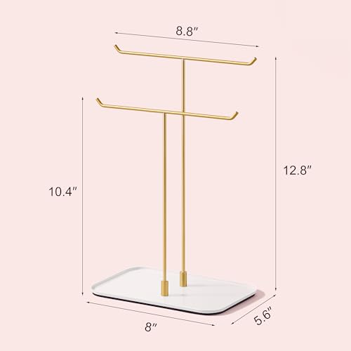 bussdis Gold Jewelry Organizer Necklace Holder Stand: 2-Tier T-Bar Display with White Metal Tray, Holds Necklaces Bracelets Earrings, Countertop Jewelry Tree - color: Gold, size: 12.5" Height