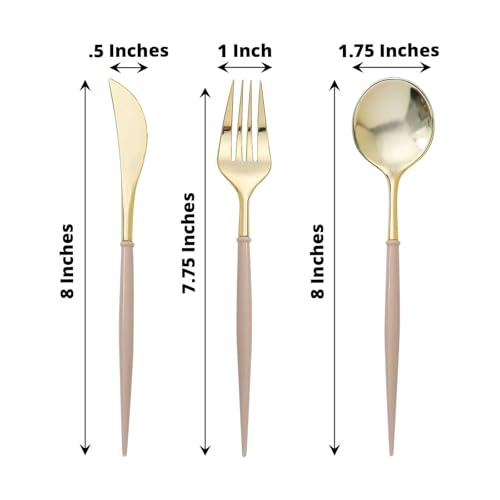 Efavormart 24-Pack 8" Gold and Beige Disposable Plastic Silverware; Natural Dual-Tone Heavy-Duty Cutlery for Boho Chic Weddings, Organic Themes and Neutral Minimalist Decor - color: Beige, size: 8"