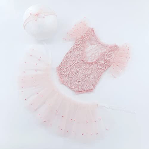 Newborn Photography Props Outfits Princess Baby Girl Pearl Lace Rompers Headdress Infant Baby Girl Photoshoot Costume - color: Pink
