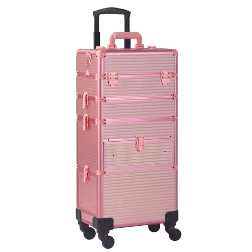 Somduy Rolling Makeup Case with Drawer, Makeup Train Case, 4 in 1Cosmetology Case on Wheels, Christmas Gift, Large Makeup Case Organizers, Profesional Cosmetic Case for Salon Barber, Light pink - color: Light pink