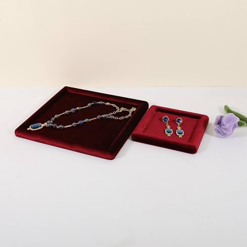 Square velvet Jewerly display tray, Jewelry storage organizer plate, Empty Jewelry showcase tray for Necklace Bracelet Ring Earring display stand holder (Red-Large, 9.8 x 9.8 in) - color: Red, size: Large