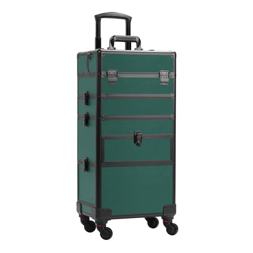 Somduy Rolling Makeup Case with Drawer, Makeup Train Case, 4 in 1Cosmetology Case on Wheels, Christmas Gift, Large Makeup Case Organizers, Profesional Cosmetic Case for Salon Barber, Green - color: Green