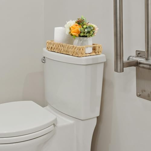 Bathroom Tray, 11 Inch Water Hyacinth Vanity Tray with Handle, Small Wicker Basket for Bathroom Toilet Tank Countertop, Wicker Bathroom Trays for Counter Decor - size: 11.1" x 7.1" x 2.2"