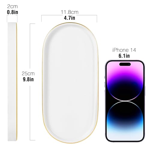 Luxspire Bathroom Vanity Tray, Marble Ceramic Dresser Jewelry Dish with Golden Rim, Decorative Tray Countertop Sink Storage Holder Organizer for Soap Candles Perfume Comestic Home Decor, Matte White - color: Matte White+gold, style: Small