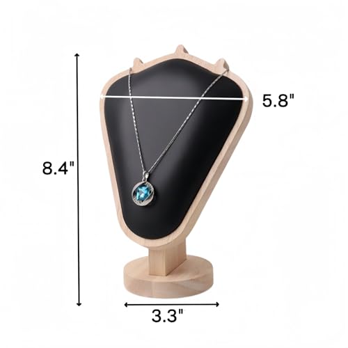 Natural Body Wood Necklace Display Stand with Black Leather Soft Mat Necklace Holder Organizer Desktop Stand for Home Store Dresser-3.3"x5.8"x8.4" - color: Natural-Black, size: 3.3"x5.8"x8.4"