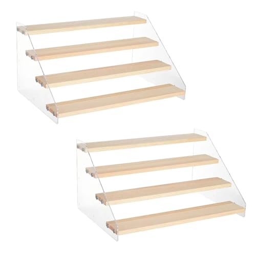 2 Pack 4 Tier 12 Inch Acrylic Wooden Display Stand, Clear Acrylic Display Riser Shelf Wood Tiered Display Shelf Rack Step Ladder Riser Stands for Cupcakes Perfumes Figures Collectibles