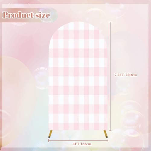 Wedding Arch Backdrop Cover 7.2FT Pink White Plaid Texture Seamless Fabric Checkered Gingham Spandex Fitted Arch Cover Round Top Stands Cover for Birthday Party Ceremony Banquet Decoration - size: 7.2x4 FT