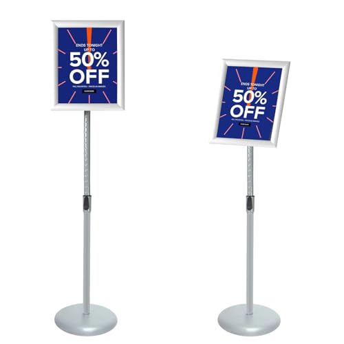 Adjustable Pedestal Poster Sign Stand with Heavy Duty Base Sign Holder Aluminum Snap Open Frame for 8.5 x 11 inches Both Vertical and Horizontal View Displayed Used for Living and Business(Silver)