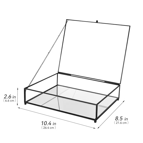 REDHUGO Large Glass Boxes for Display Handmade, Mirrored Bottom, Glass Jewelry Trinket Box with Lid, for Book, Photo, Keepsake Organizer, Display Case for Vanity Decor Home Dresser, Black - color: Black, size: Low: 10.4"L × 8.5"W × 2.6"H