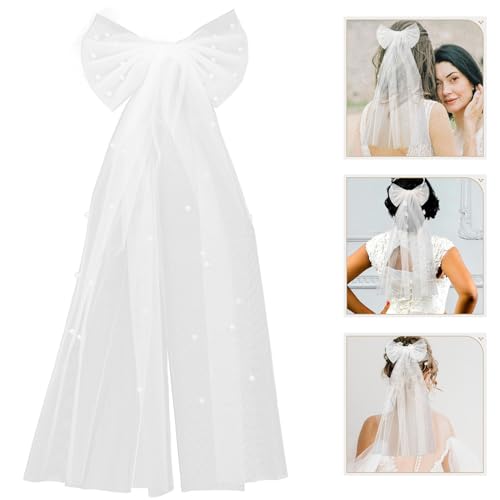 ORFOFE Bridal Veil Hair Clip with Faux Pearl Double-layer Bow White Bow Veil for Wedding Engagement Photoshoot Bridal Headpiece Accessories