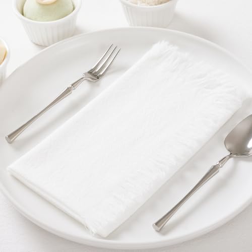 DeZerlor 12 Pack Ivory White Cotton Linen Napkins with Fringe Summer Cloth Napkins Set of 12 Boho Handmade Dinner Napkins Bulk for Wedding Bridal Baby Shower Parties, 17 x 17 Inches - color: Ivory White, size: 17" x 17" (Set of 12)