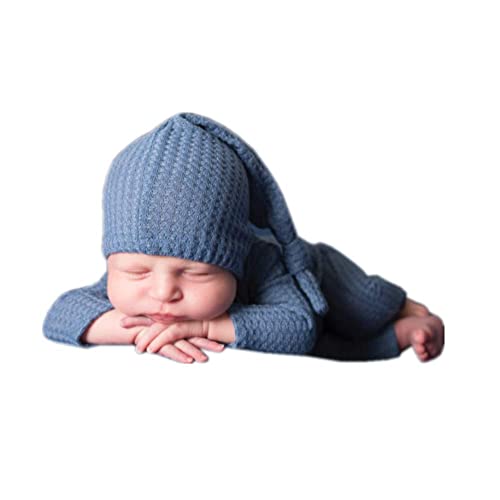 Coberllus Newborn Photography Props Outfit Fabric Sleepy Knot Hat & Footed Romper Bodysuit for Baby Boys Girls Photoshoot - color: Blue
