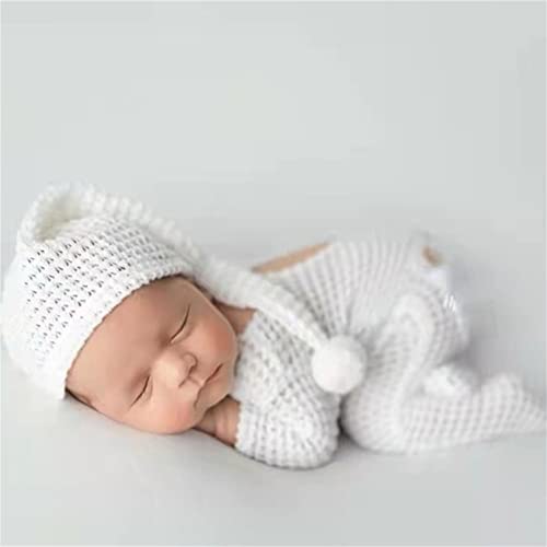 Coberllus Newborn Photography Props Outfit Fabric Sleepy Knot Hat & Footed Romper Bodysuit for Baby Boys Girls Photoshoot - color: Extra White