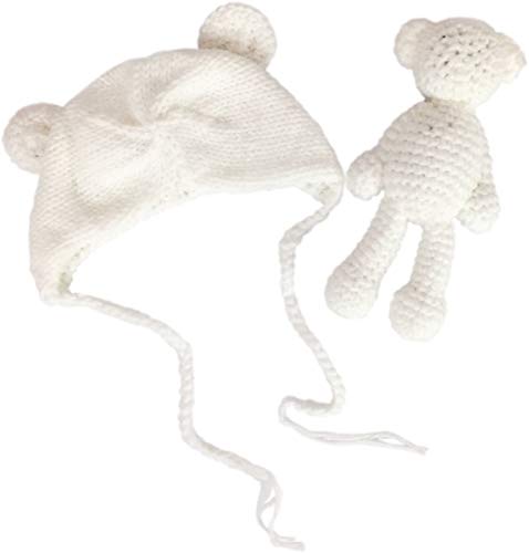 Newborn Baby Photo Shoot Props Boys Girls Crochet Knitted Hat Bear Hat Beanie with Bear Dolls Photography Props - color: White
