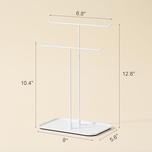 bussdis White Jewelry Organizer Necklace Holder Stand: 2-Tier T-Bar Display with White Metal Tray, Holds Necklaces Bracelets Earrings, Countertop Jewelry Tree - color: White, size: 12.5" Height
