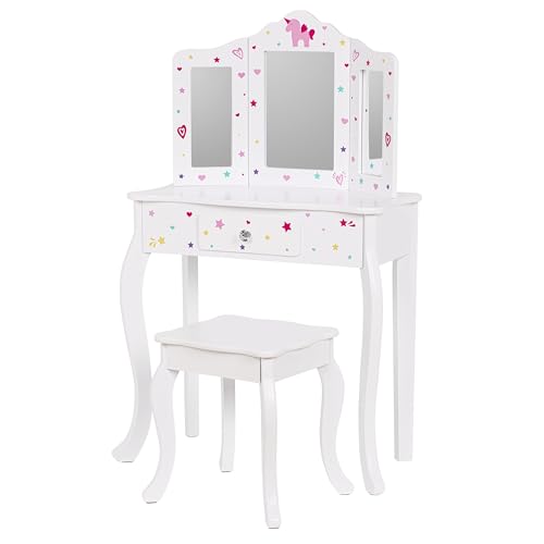 UTEX Kids Vanity Table and Chair Vanity Set with Mirror Makeup Dressing Table with Drawer, Play Vanity Set,White - style: White-Unicorn