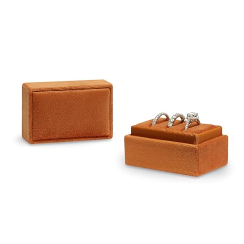 Rectangle 3 Slots Italian Velvet Jewelry Box Engagement Wedding Photo Ring Box Keepsake Box Triple Ring Gift Box (Burnt Orange) - color: Burnt Orange